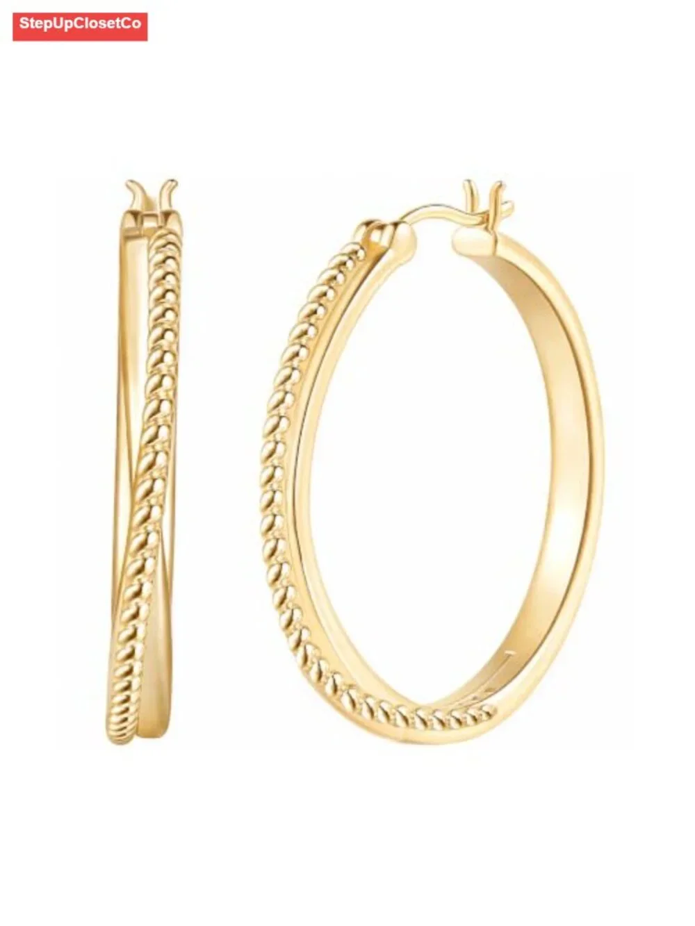 14K Gold Huggie Hoop Earrings Textured Beaded X-Shaped Lightweight 30mm for